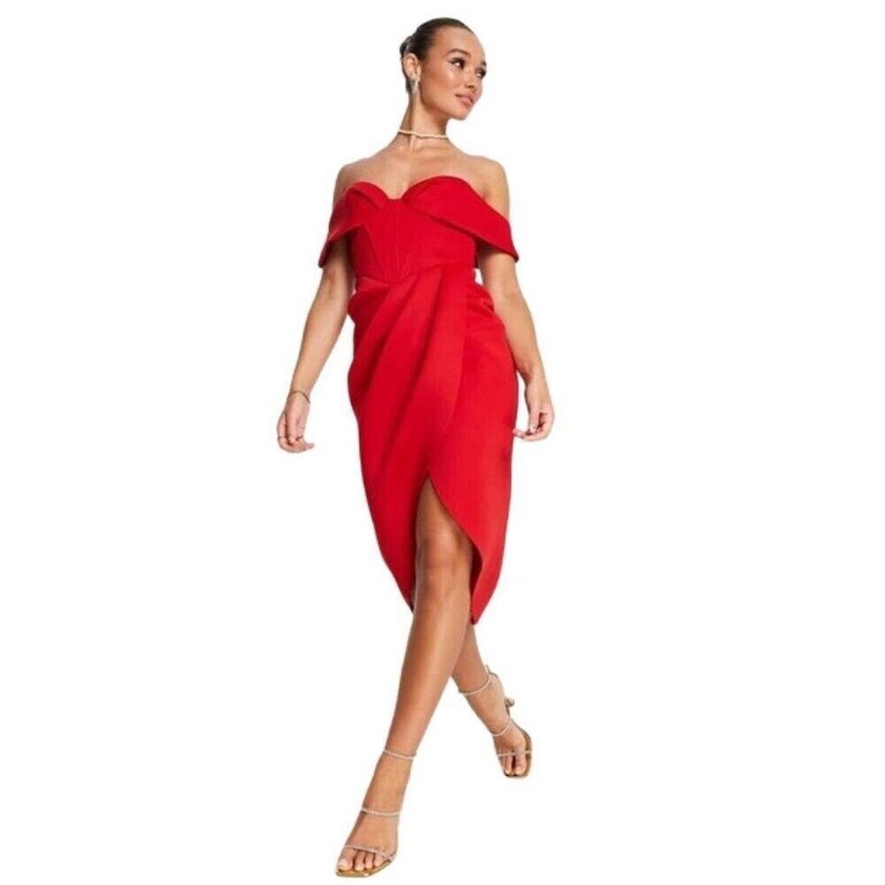 NWOT Asos Design Curve Off-shoulder Corset Midi Dress In Red